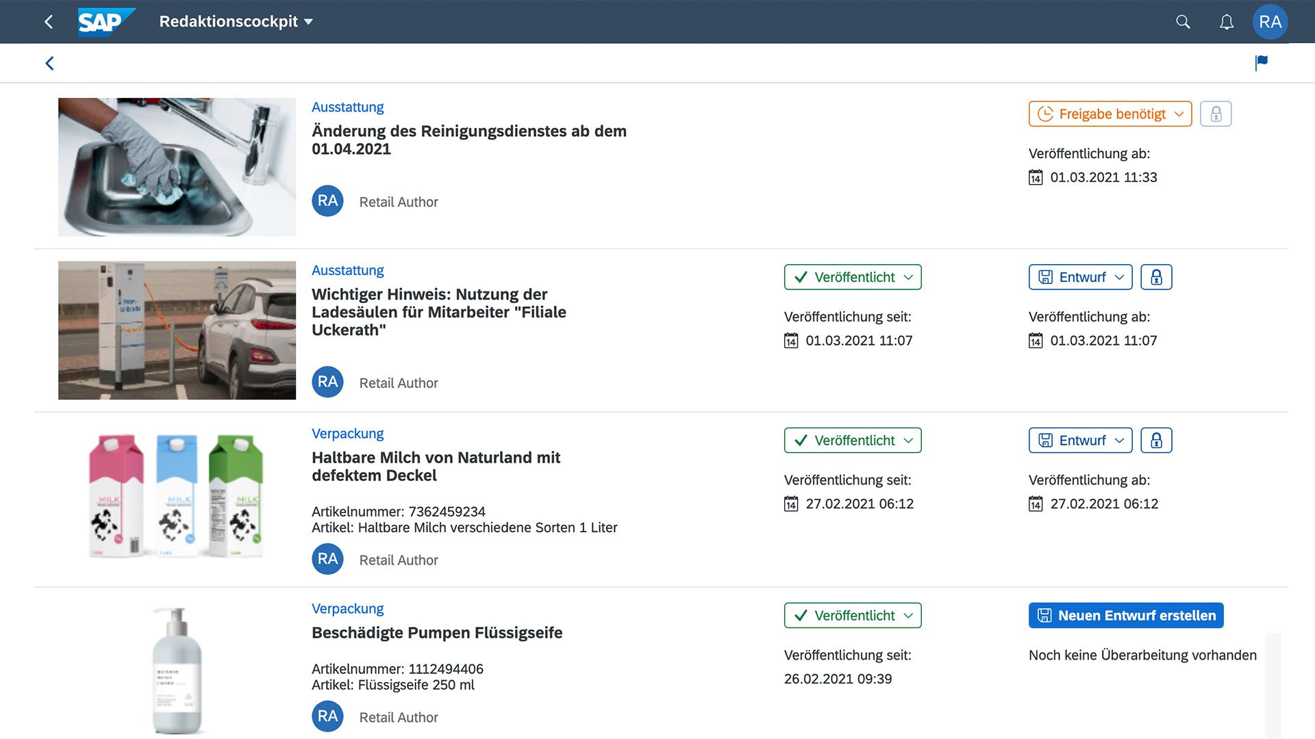 SAP Retail News Cockpit Redaktionscockpit Entwuerfe 