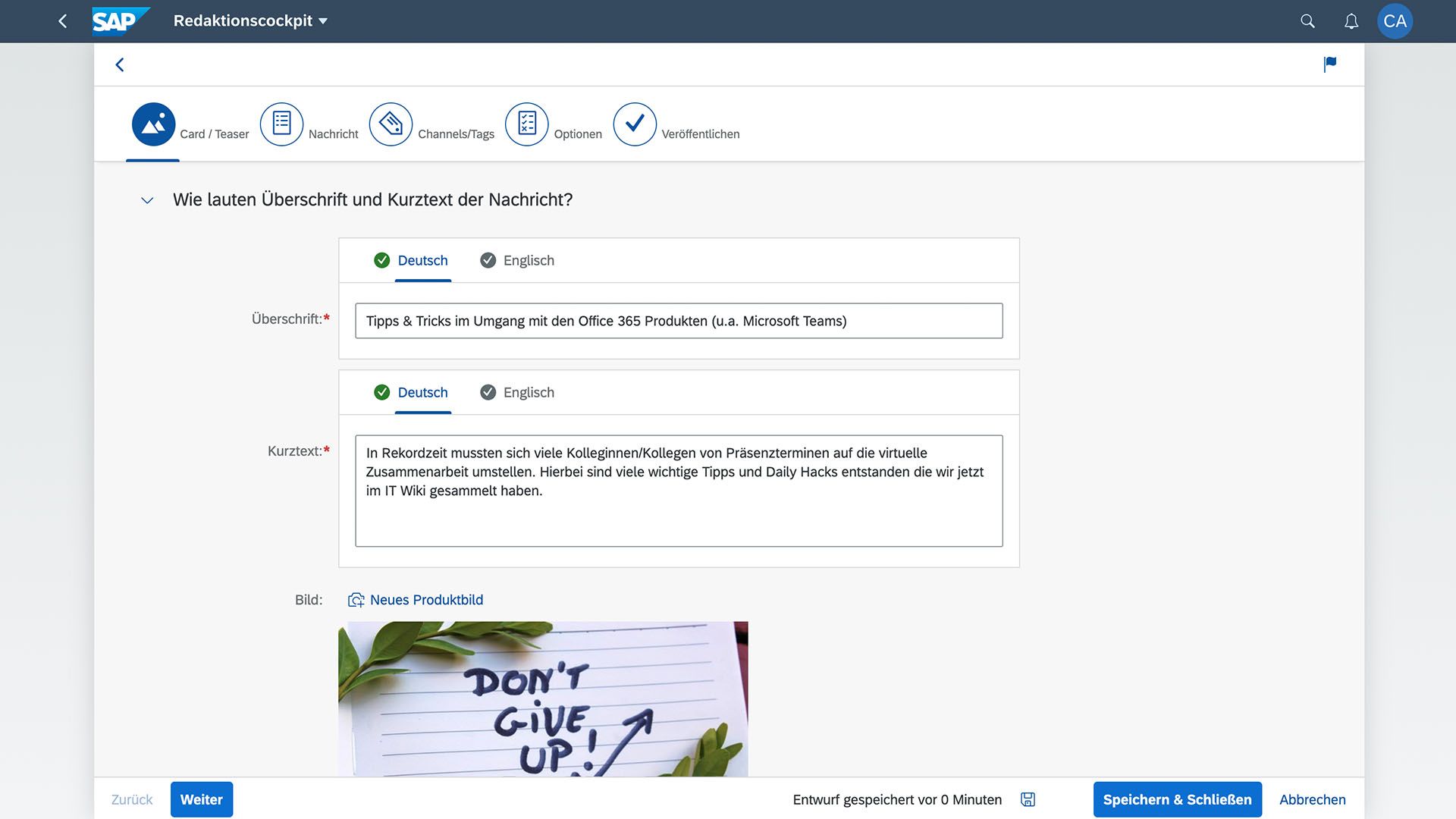 VANTAiO News Manager Redaktionscockpit Titel erstellen